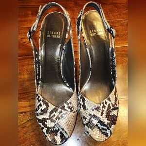 Stuart Weitzman Women's Leather Snakeskin Slingback Heels - Size 10 Brown/Cream